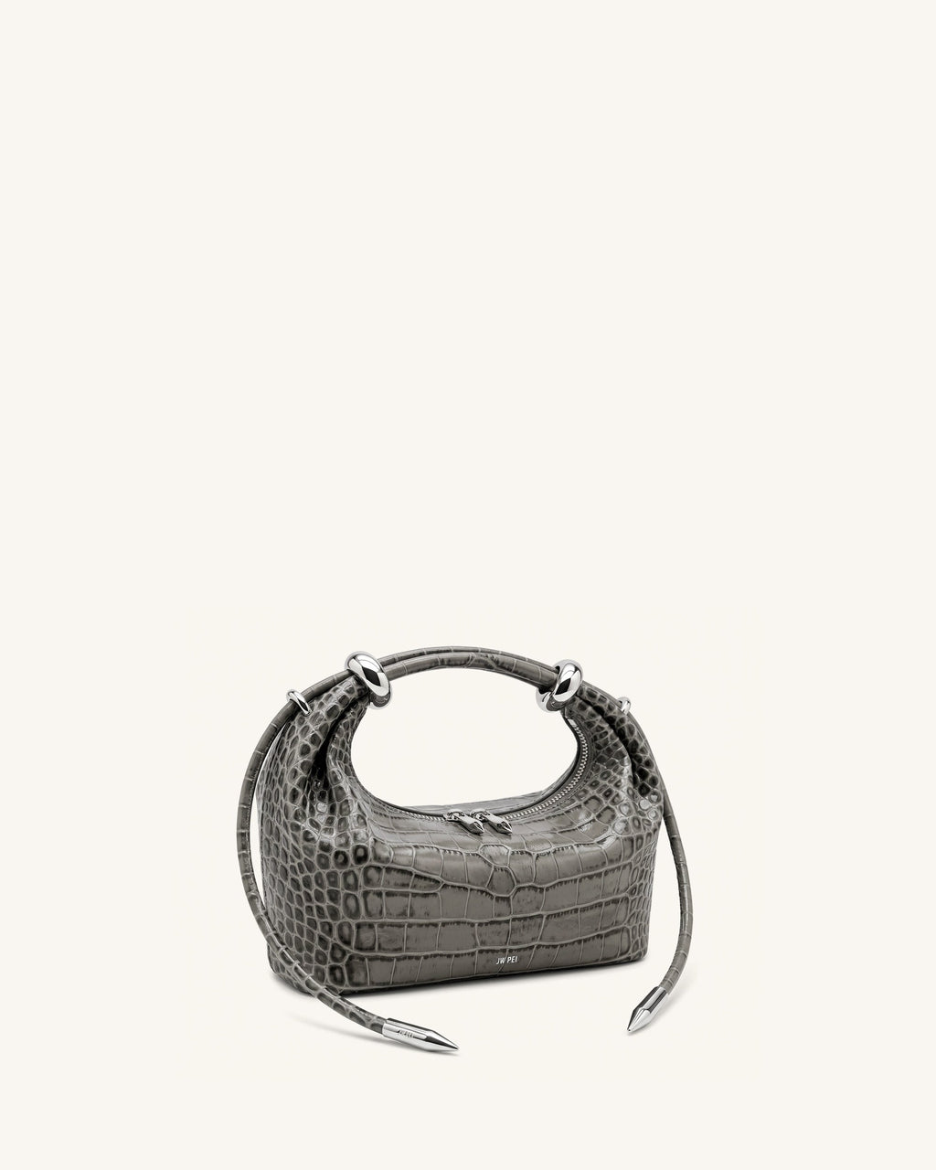 Ellie Metal Ring Embellished Top Handle Bag - Medium Gray Croc