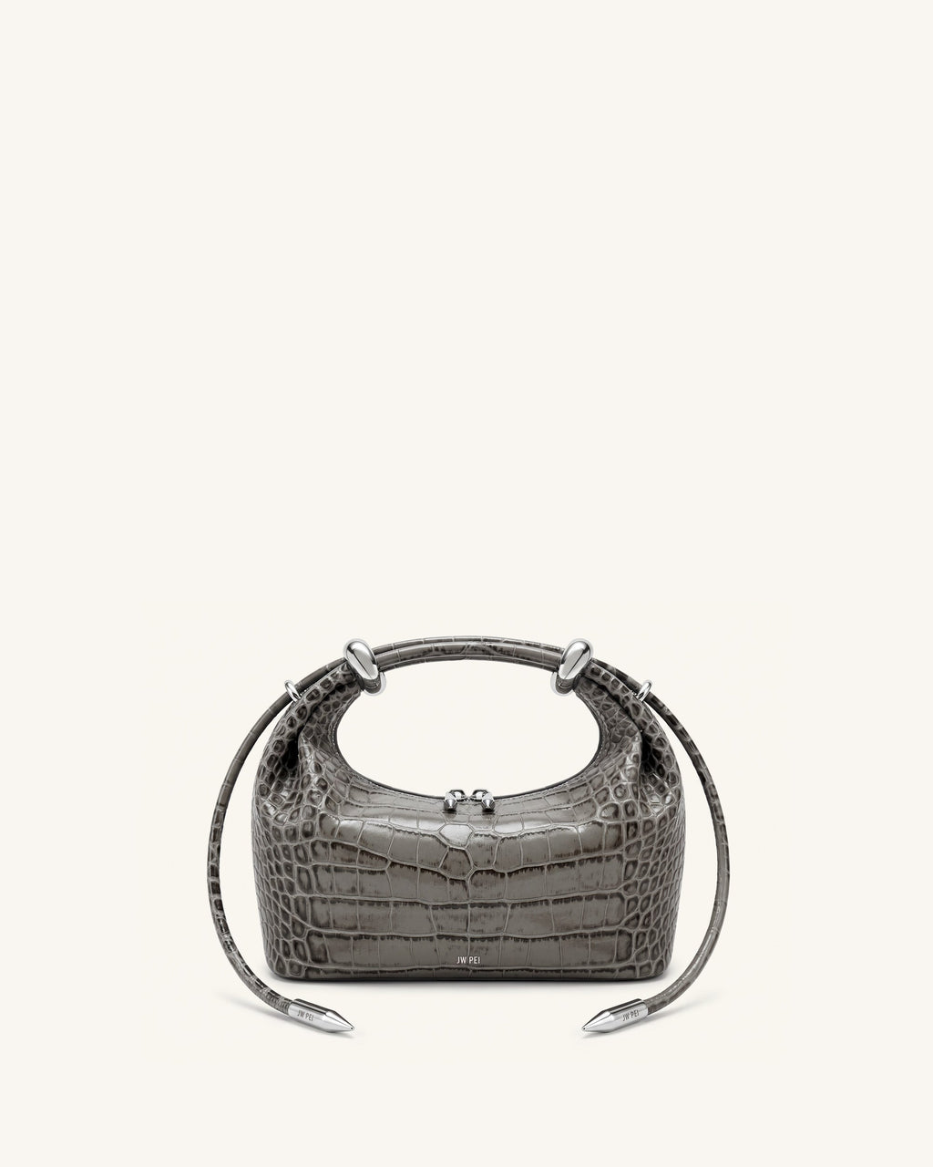 Ellie Metal Ring Embellished Top Handle Bag - Medium Gray Croc