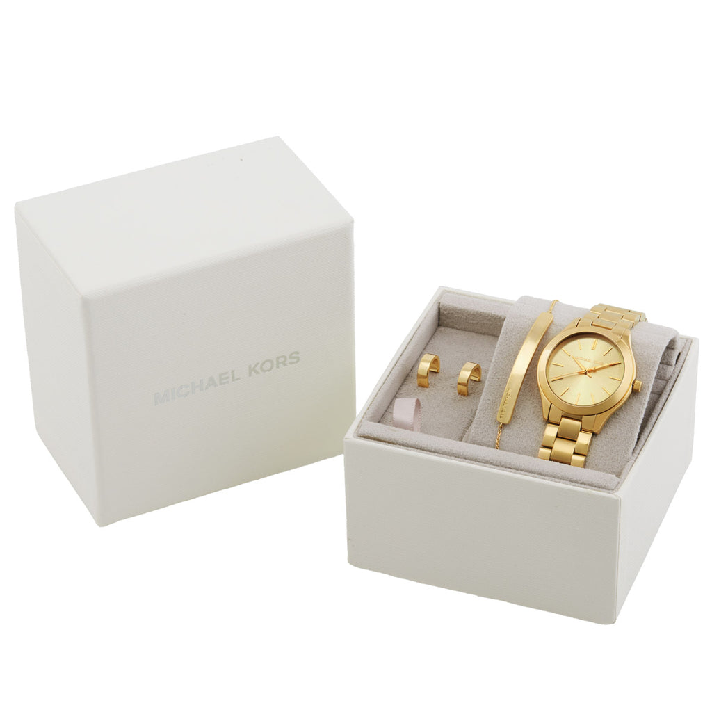Michael Kors Slim Runway Quartz Gold Dial Ladies Watch MK7561SET